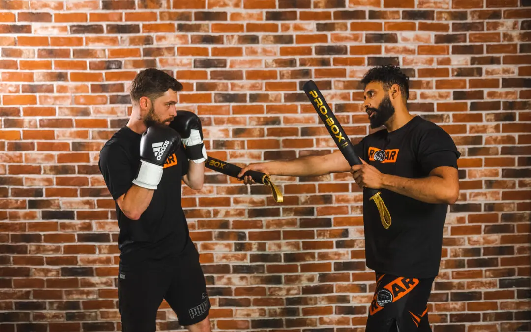 Boxer trains with pro-box stick while partner holds it steady at Roar Martial Arts