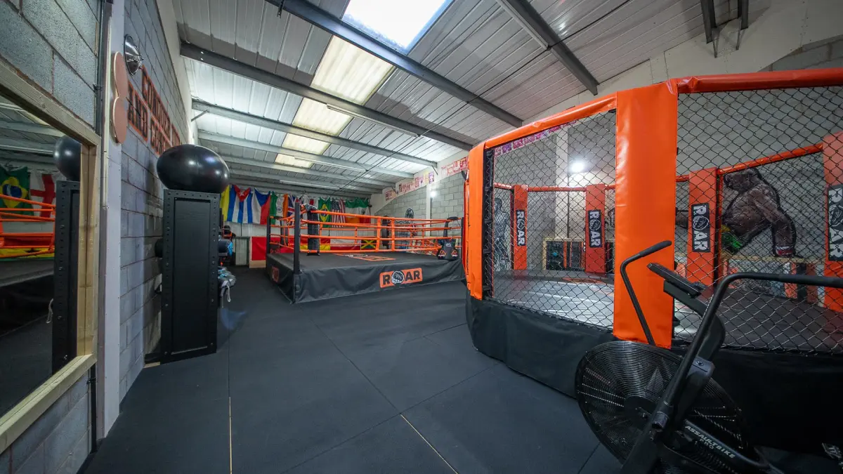 Interior view of Roar Martial Arts facility showing the boxing ring, orange MMA cage and training equipment
